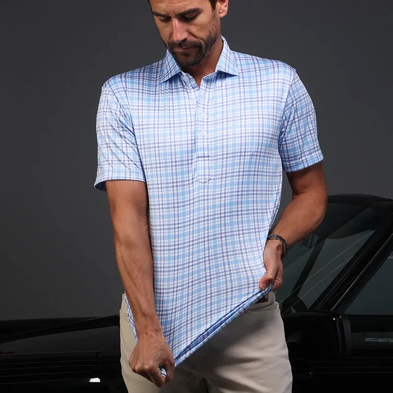 Semi-Spread Collar Polo Sea Island Blue and Purple Plaid