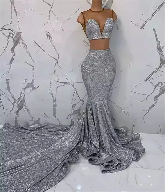 Shiny two piece Mermaid prom evening dress