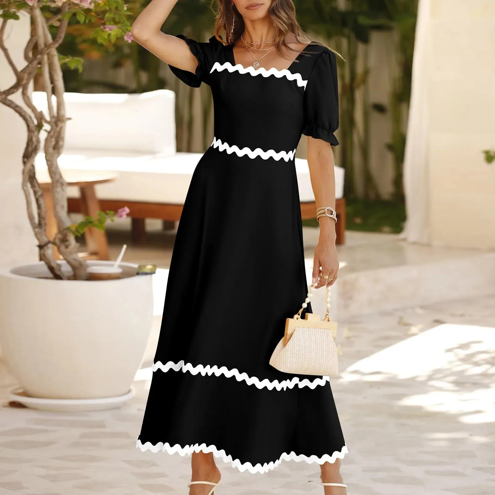 Short Sleeve Square Neck Wavy Line Print A-Line Floor Length Evening Midi Formal Dress