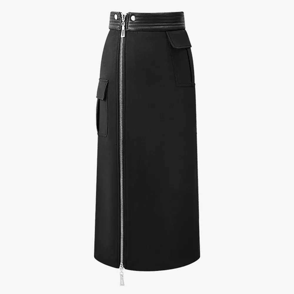 Solid Patchwork Zipper Slimming Skirts For Women High Waist Spliced Pockets Designer Bodycon Skirt Female Fashion