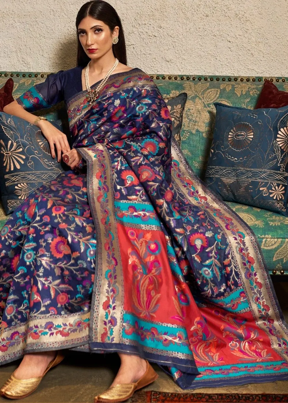 Space Blue Banarasi Jamawar Woven Silk Saree : Top Pick