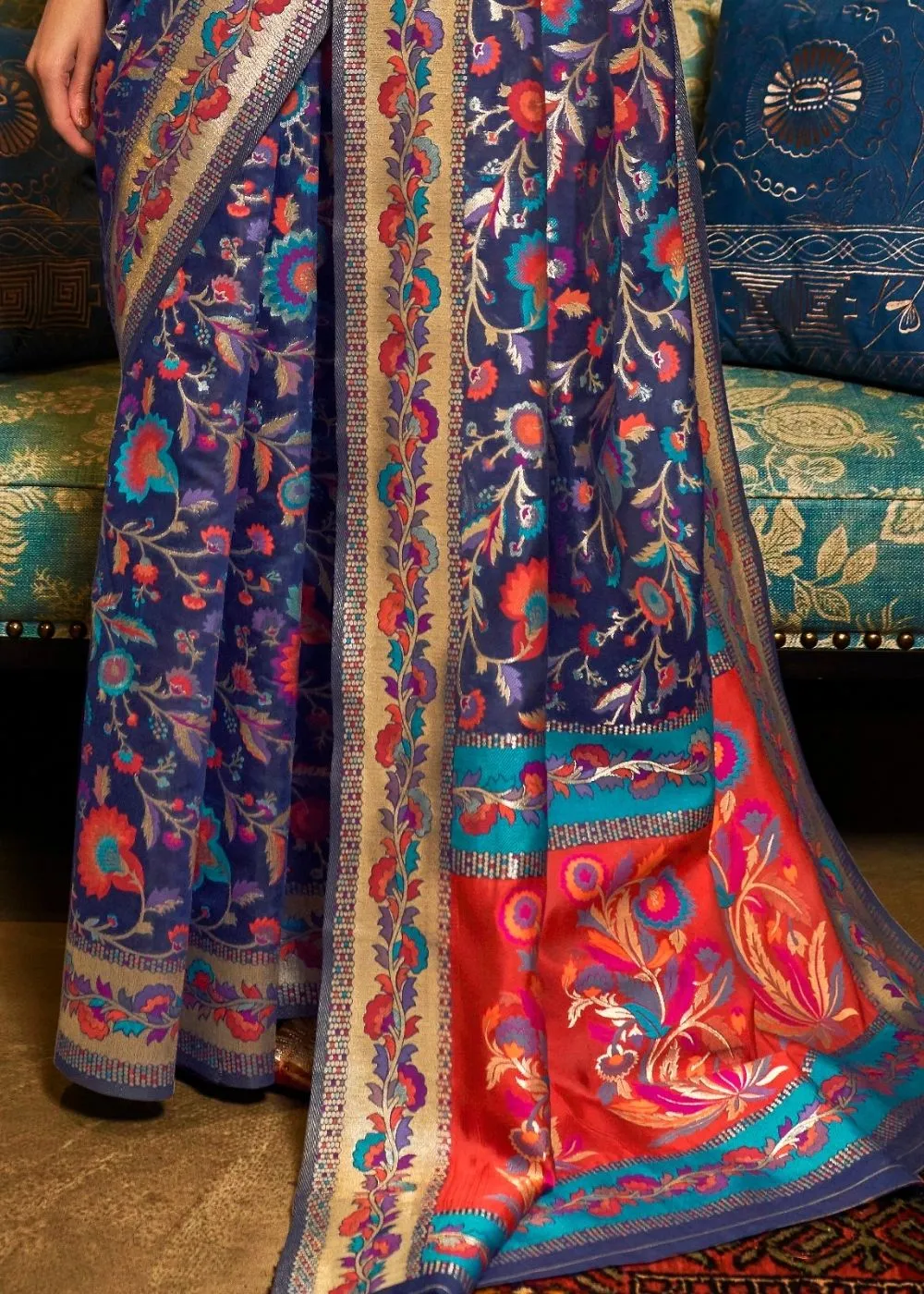 Space Blue Banarasi Jamawar Woven Silk Saree : Top Pick