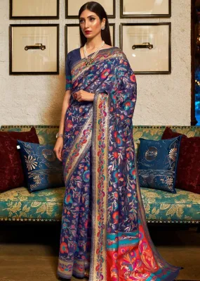 Space Blue Banarasi Jamawar Woven Silk Saree : Top Pick