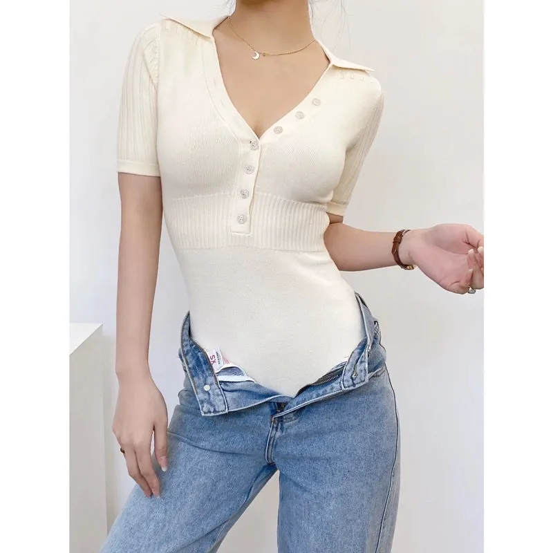 Spring and summer new polo collar crotch short-sleeved knit sweater high-waisted deep V simple European and American one-piece body