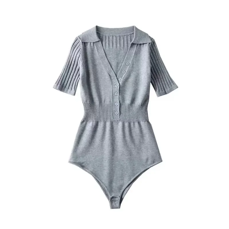 Spring and summer new polo collar crotch short-sleeved knit sweater high-waisted deep V simple European and American one-piece body