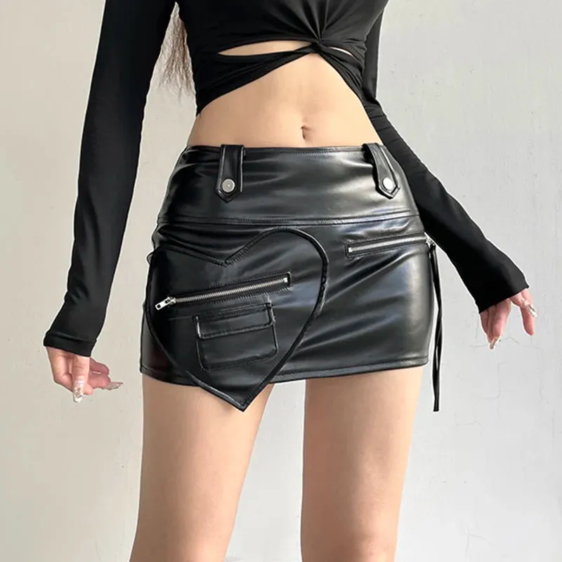 Streetwear Fashion Bodycon Leather Skirt Zipper Low Waisted Heart Shape Party Mini Skirt Ladies Hottie Club Outfits