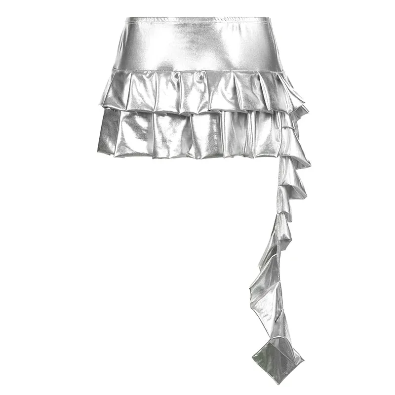 Streetwear Silver Design Hottie Pleated Skirt Women Fashion Ruffles Folds Summer Sexy Skirt Party Super Short Outfits