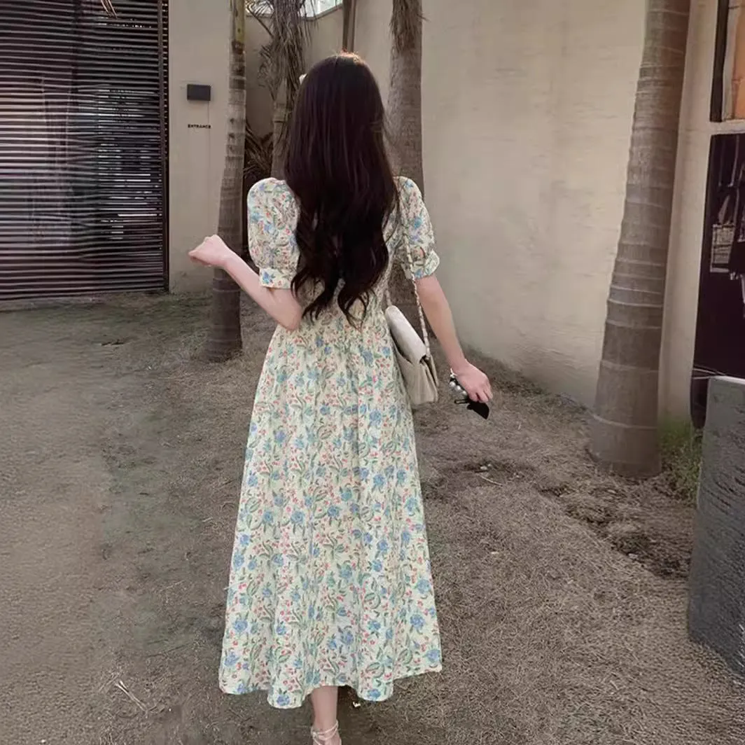 Style Design Niche Square Collar Puff Sleeve Floral Princess Dress Summer Slimming Temperament Wild Dress Female