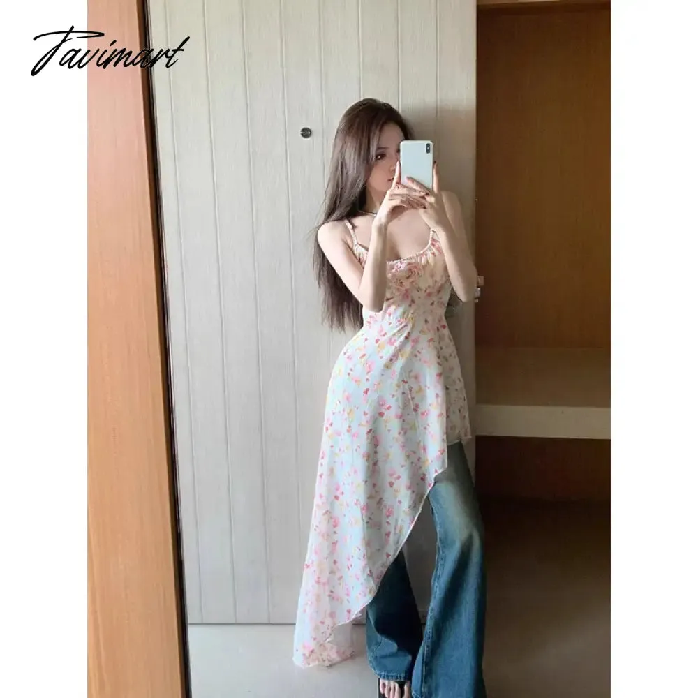 TAVIMART -  Sexy Chic Flowy Ruffle Long Dress Women Summer Korean Asymmetrical Slit Sleeveless Spaghetti Straps Floral Desire One-piece