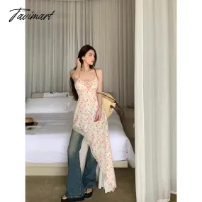 TAVIMART -  Sexy Chic Flowy Ruffle Long Dress Women Summer Korean Asymmetrical Slit Sleeveless Spaghetti Straps Floral Desire One-piece