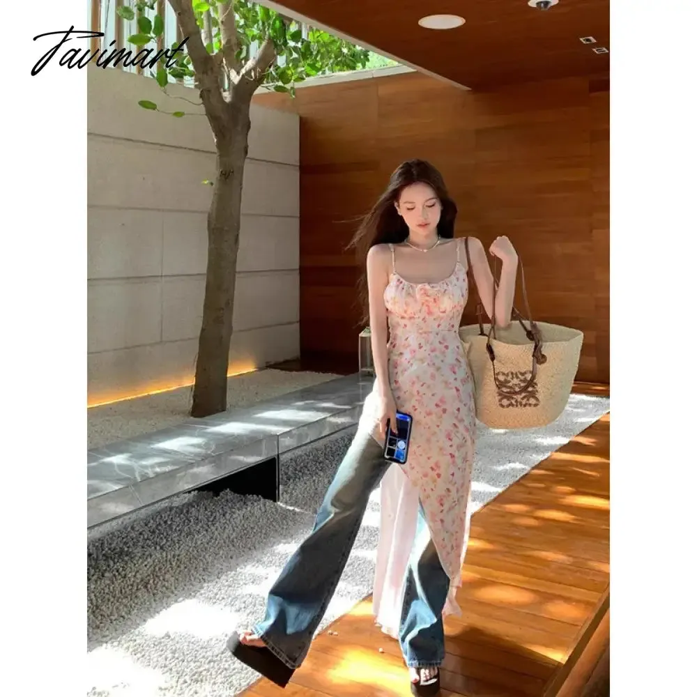 TAVIMART -  Sexy Chic Flowy Ruffle Long Dress Women Summer Korean Asymmetrical Slit Sleeveless Spaghetti Straps Floral Desire One-piece