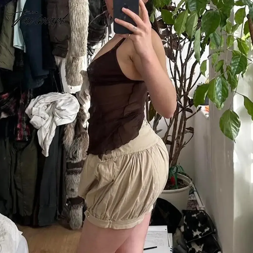 TAVIMART Y2K Cute Bow Mesh See Through Crop Top Summer Backless V Neck Spaghetti Strap Vest 90s Vintage Brown Camisole Women Clothing