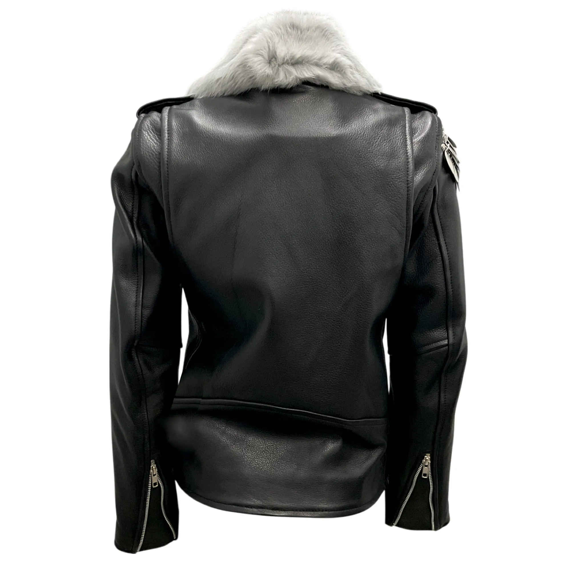 Understated Leather Black / Grey Fur Collar Moto Zip Leather Jacket