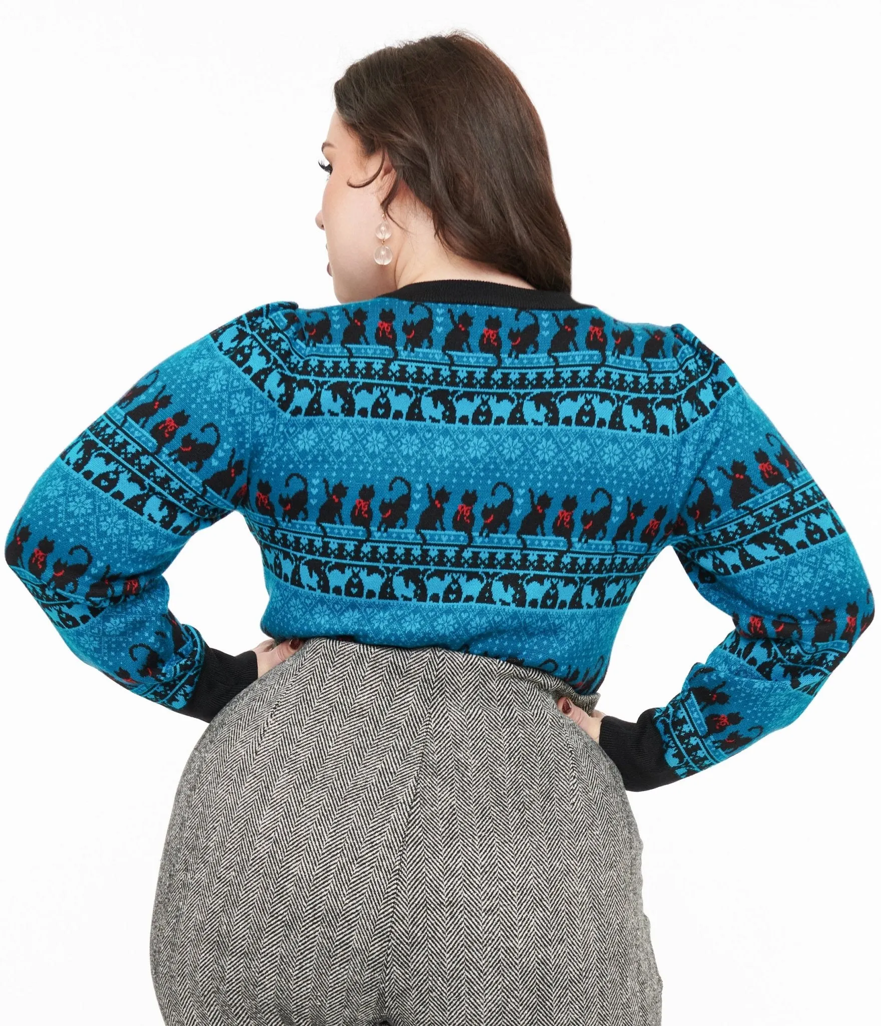 Unique Vintage Plus Size 1950s Teal Snowflakes & Cats Sweater