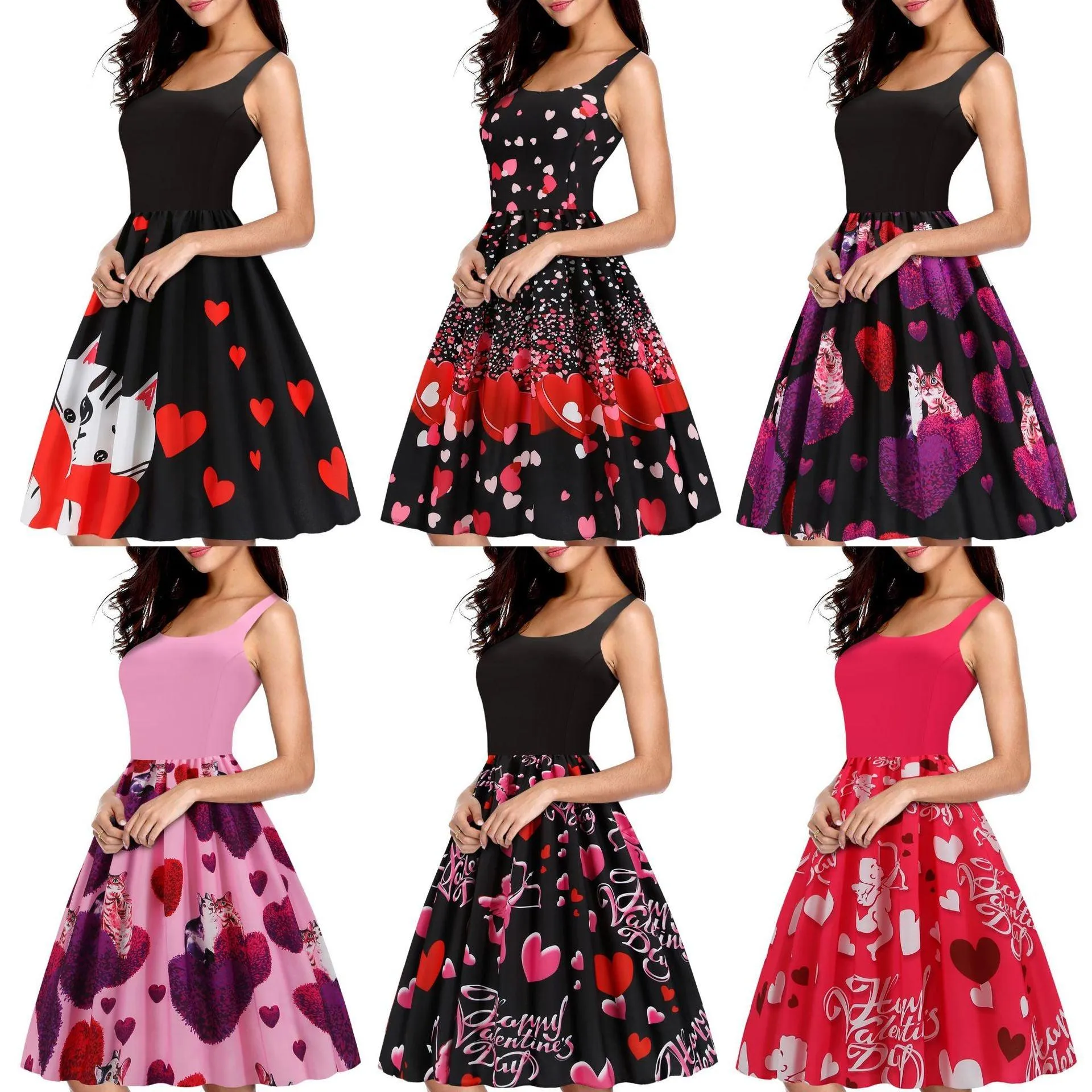 Valentines Day Temperament Stitching Heart Shaped Print Swing Dress