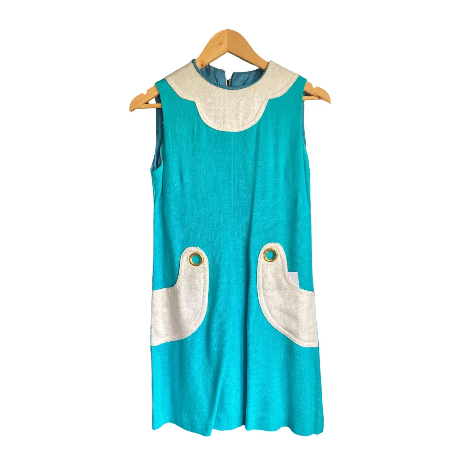 Vintage 1960’s Turquoise And White Sleeveless Dress UK Size 8