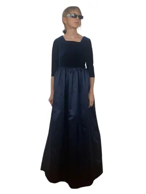 Vintage 90s Royal Blue Velvet 3/4 Sleeve Formal Full Circle Maxi Floor Length Ballgown Dress with Large Waist Bow Tie & Tulle Lining | Size XS-S