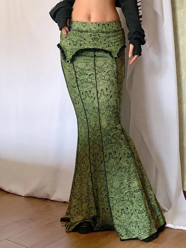 Vintage Fashion Elegant Green Trumpet Long Skirt Graphic Printed Lace Trim Y2K High Waist Skirt Women 2000s Aesthetic