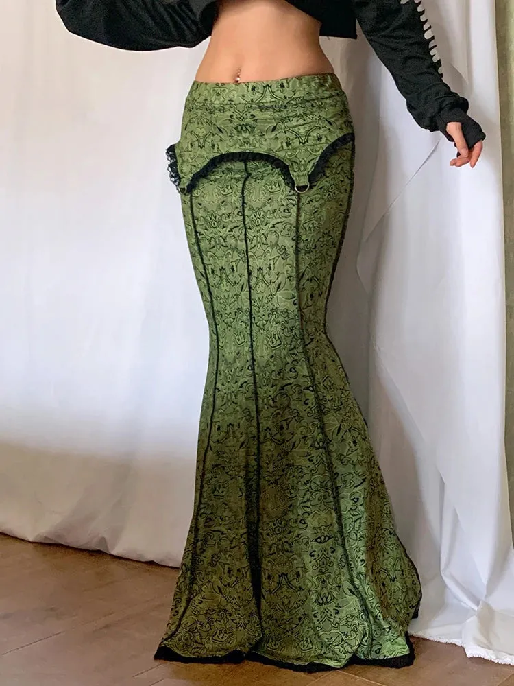 Vintage Fashion Elegant Green Trumpet Long Skirt Graphic Printed Lace Trim Y2K High Waist Skirt Women 2000s Aesthetic