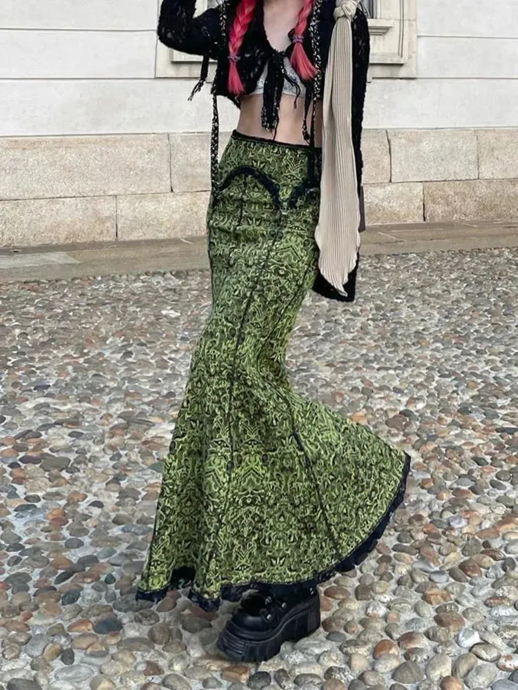 Vintage Fashion Elegant Green Trumpet Long Skirt Graphic Printed Lace Trim Y2K High Waist Skirt Women 2000s Aesthetic