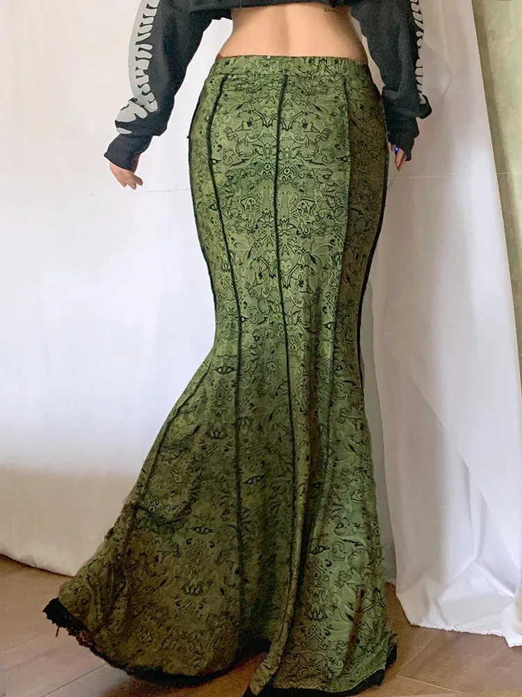 Vintage Fashion Elegant Green Trumpet Long Skirt Graphic Printed Lace Trim Y2K High Waist Skirt Women 2000s Aesthetic