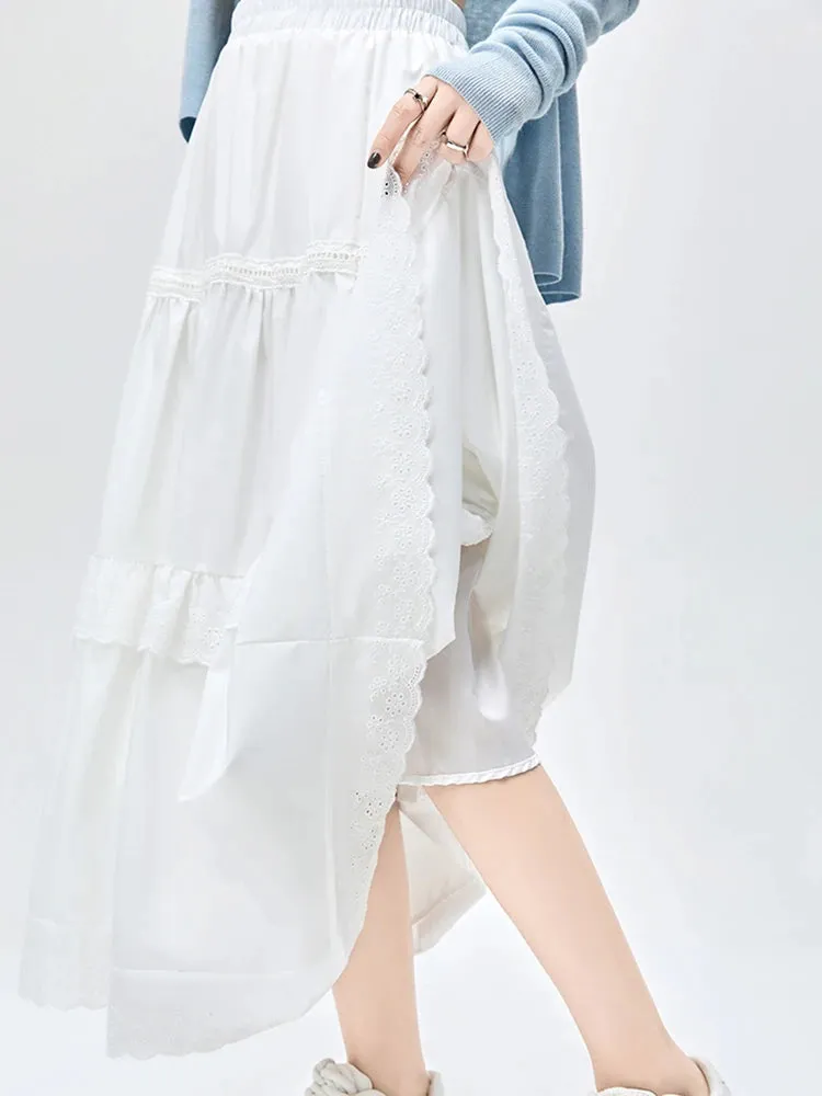 White Lace Sweet Summer Elegant Women's Skirts Office Ladies New Solid Color Chicly Elastic Waist Simple Casual Female Skirts