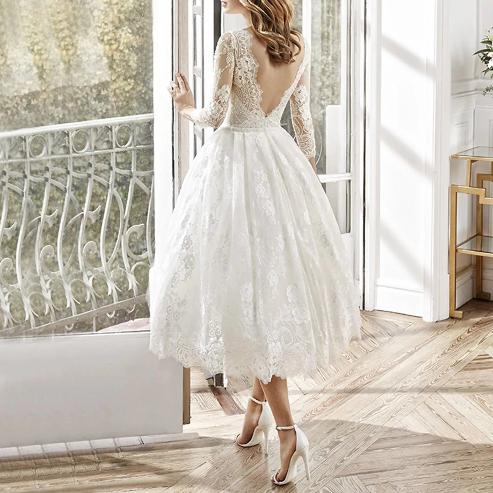 White Long-sleeved Slim Mid-length A-Line Smocked Elegant Midi Simple Dress