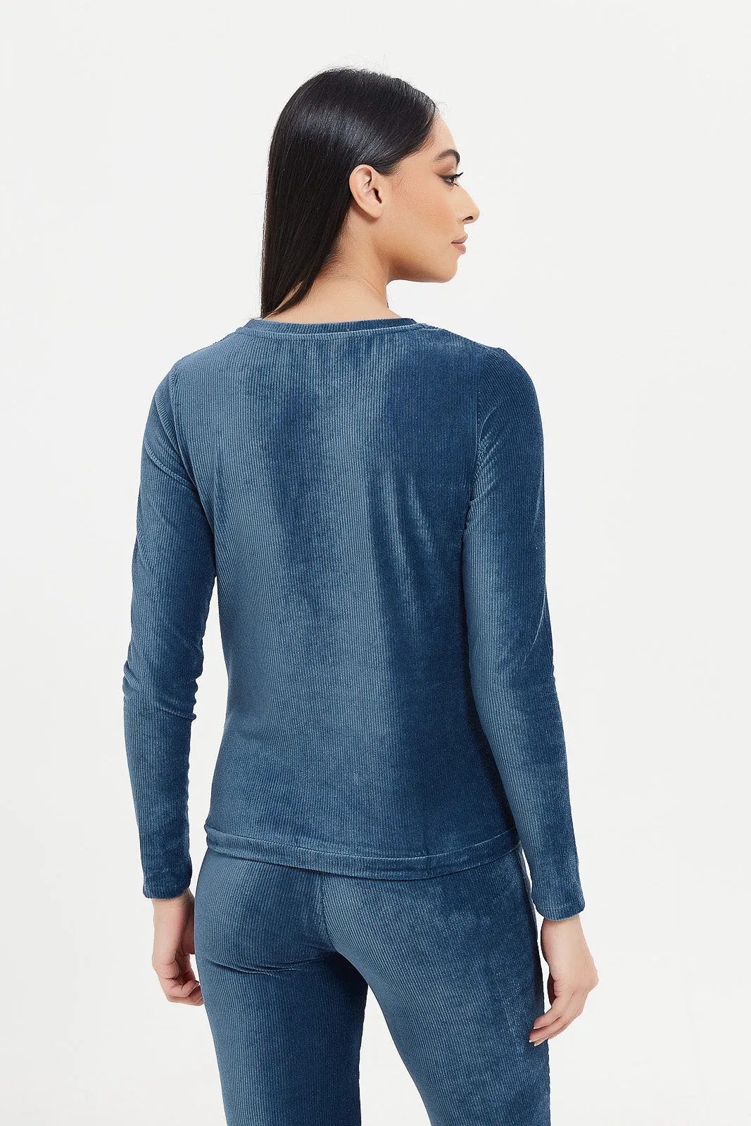 Women Blue Velour Sweatshirt With Drawstring