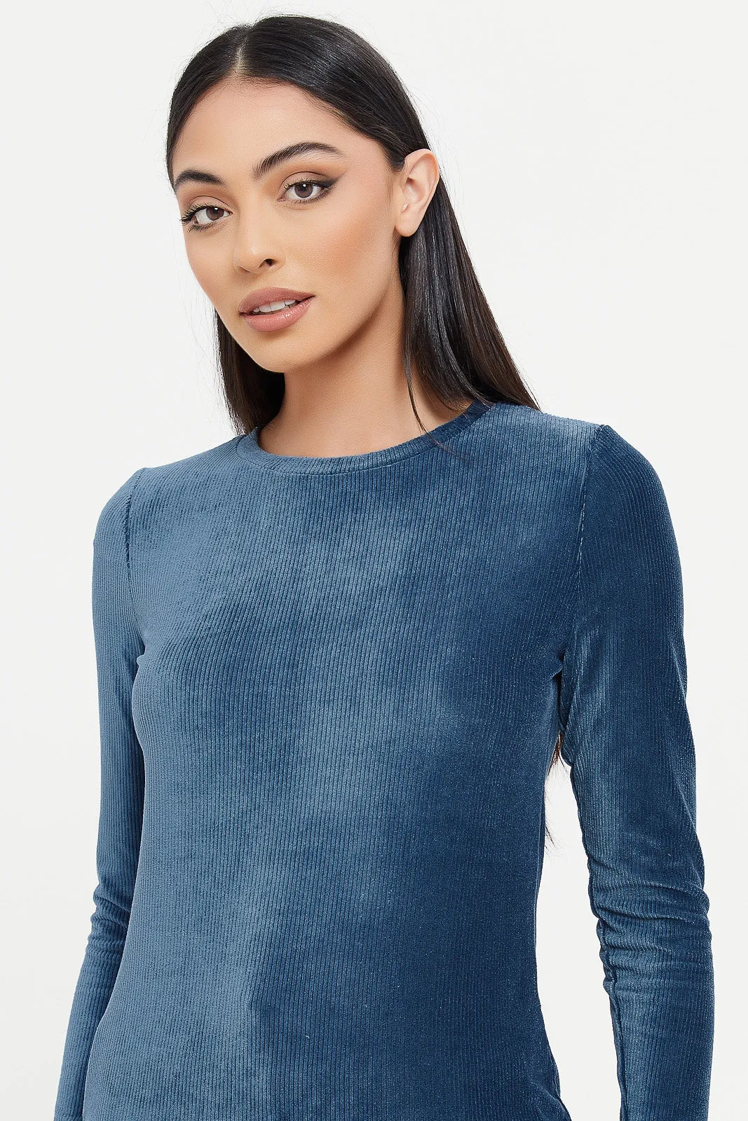 Women Blue Velour Sweatshirt With Drawstring