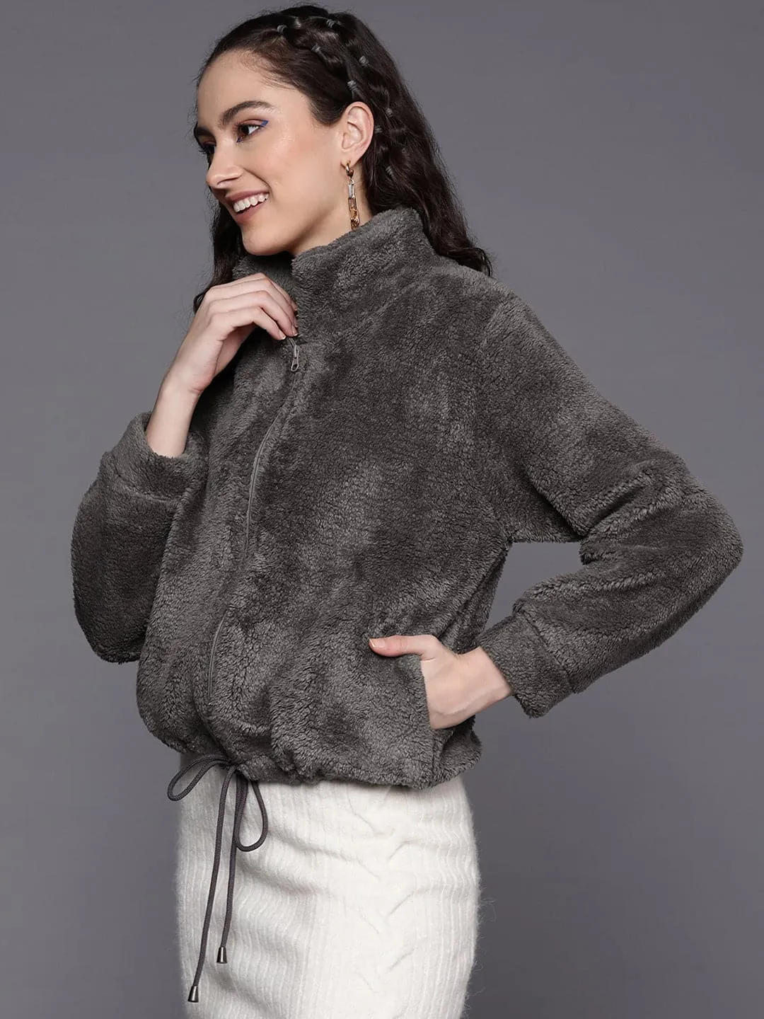 Women Charcoal Faux Fur Front Zipper Crop Jacket