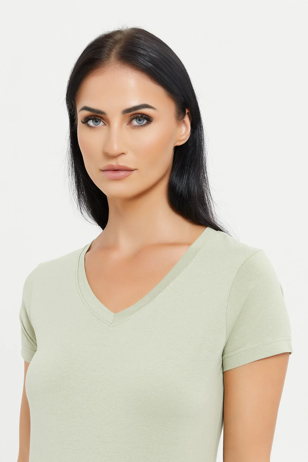 Women Mint Basic V-Neck T-Shirt