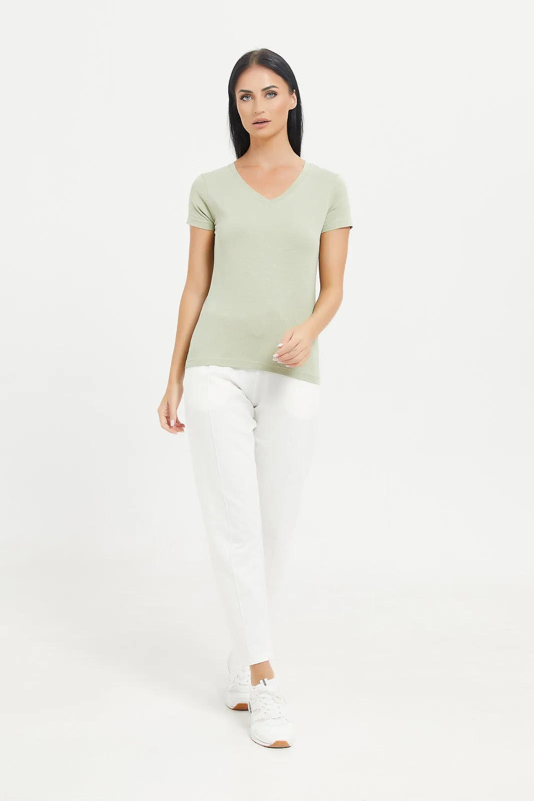 Women Mint Basic V-Neck T-Shirt