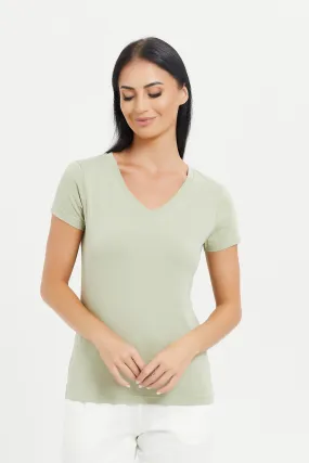 Women Mint Basic V-Neck T-Shirt