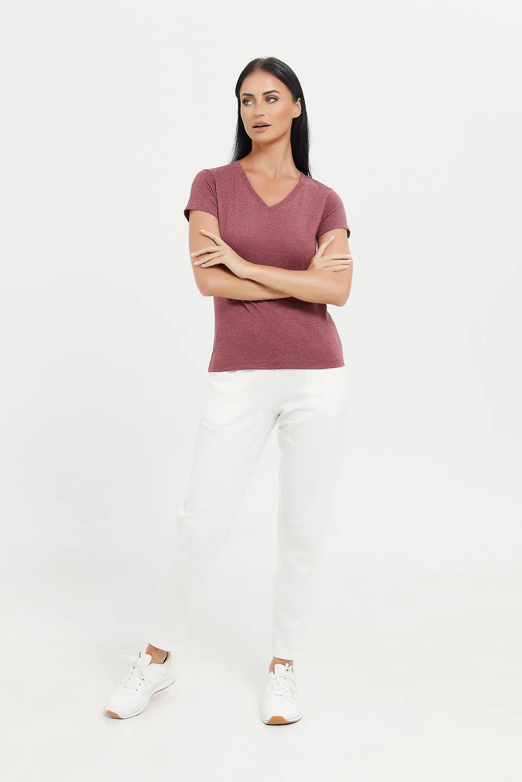 Women Taupe Basic V-Neck T-Shirt