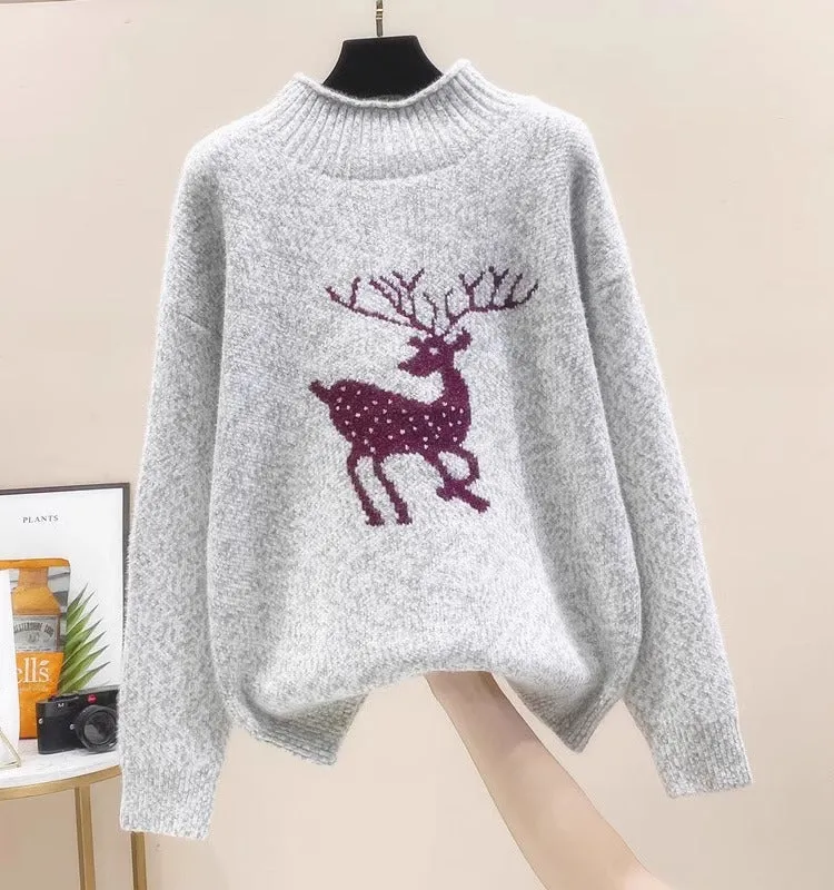 Womens Christmas Cute Dear Half Turtleneck Sweater