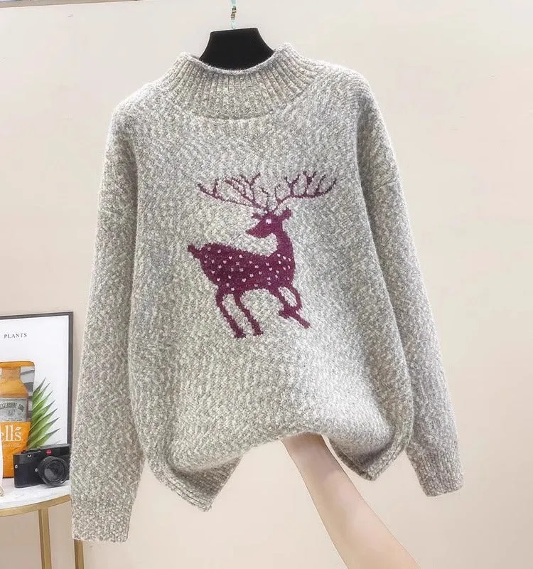 Womens Christmas Cute Dear Half Turtleneck Sweater