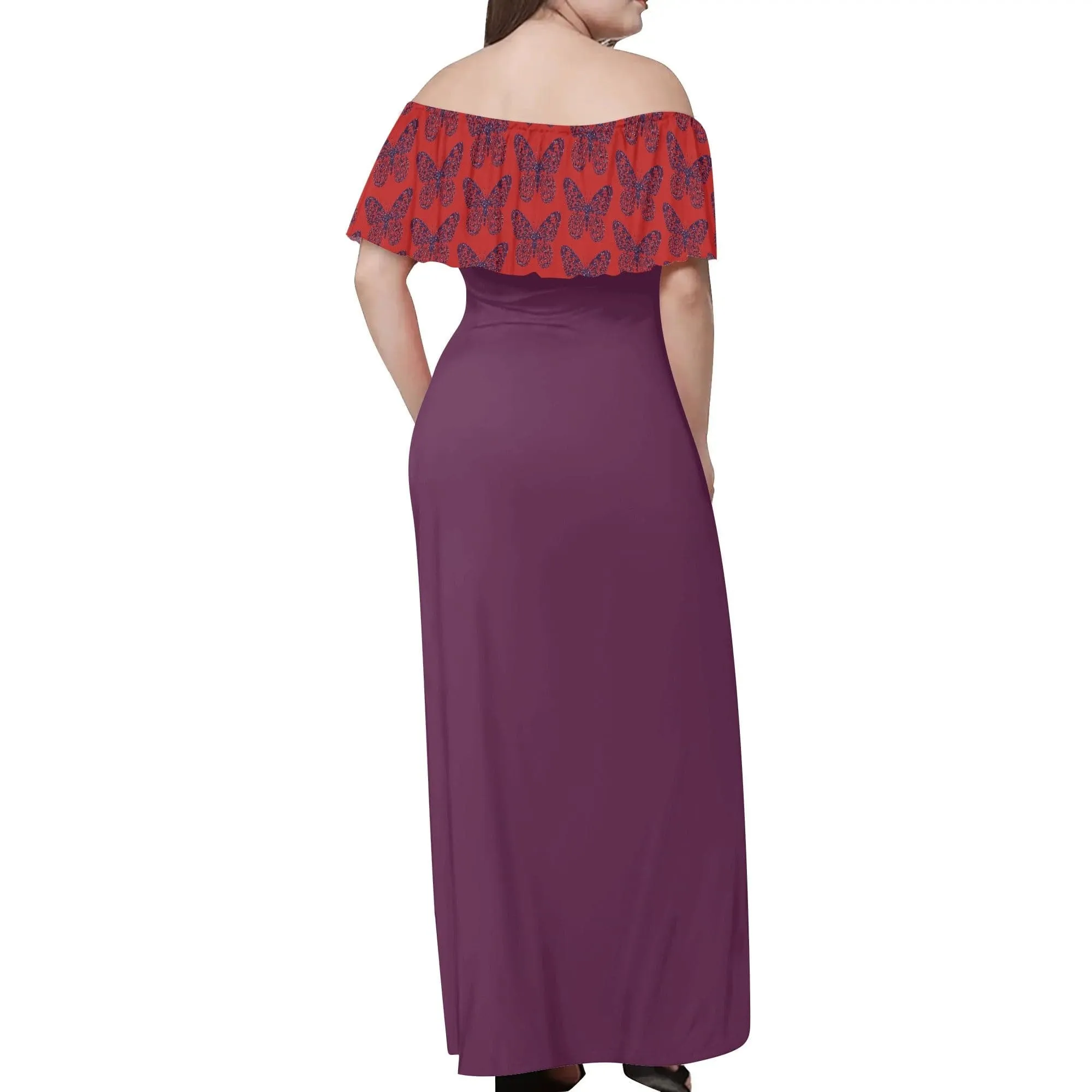 Womens Off-the-Shoulder Purple Butterflies Wrap Long Dress