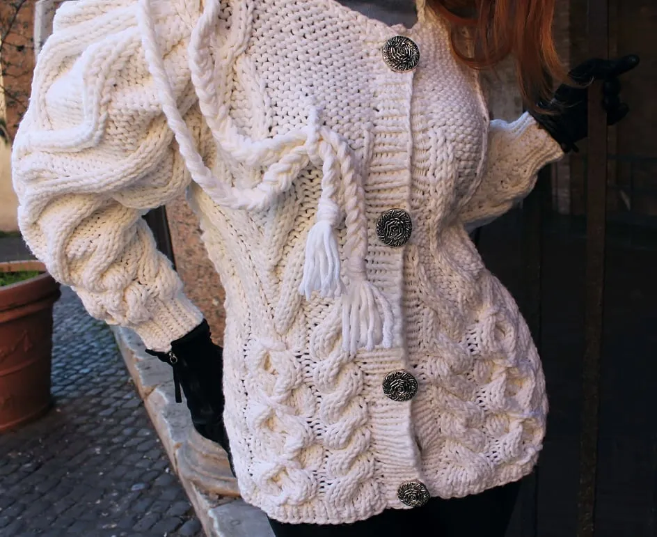 Wool Designer Handknitted Cardigan with cables and arans