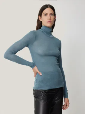 Wool Jersey Polo Neck Top | Water Blue